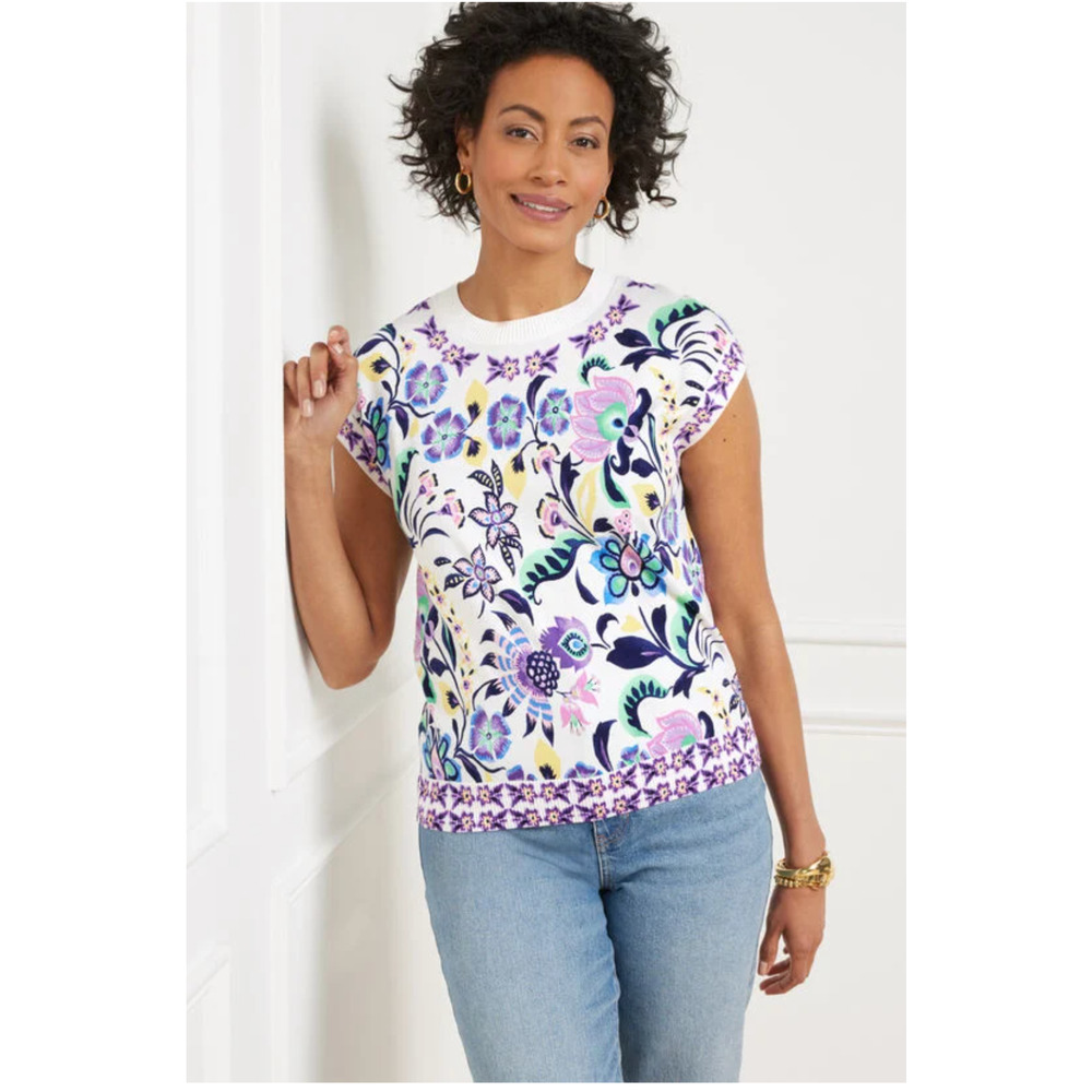 Talbots L Extended Shoulder Sweater Jacobean Floral Lightweight Cotton Rayon